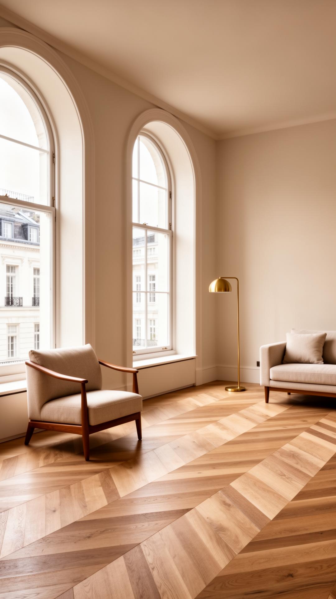 Sunlit Mayfair apartment interior with mid-century furniture