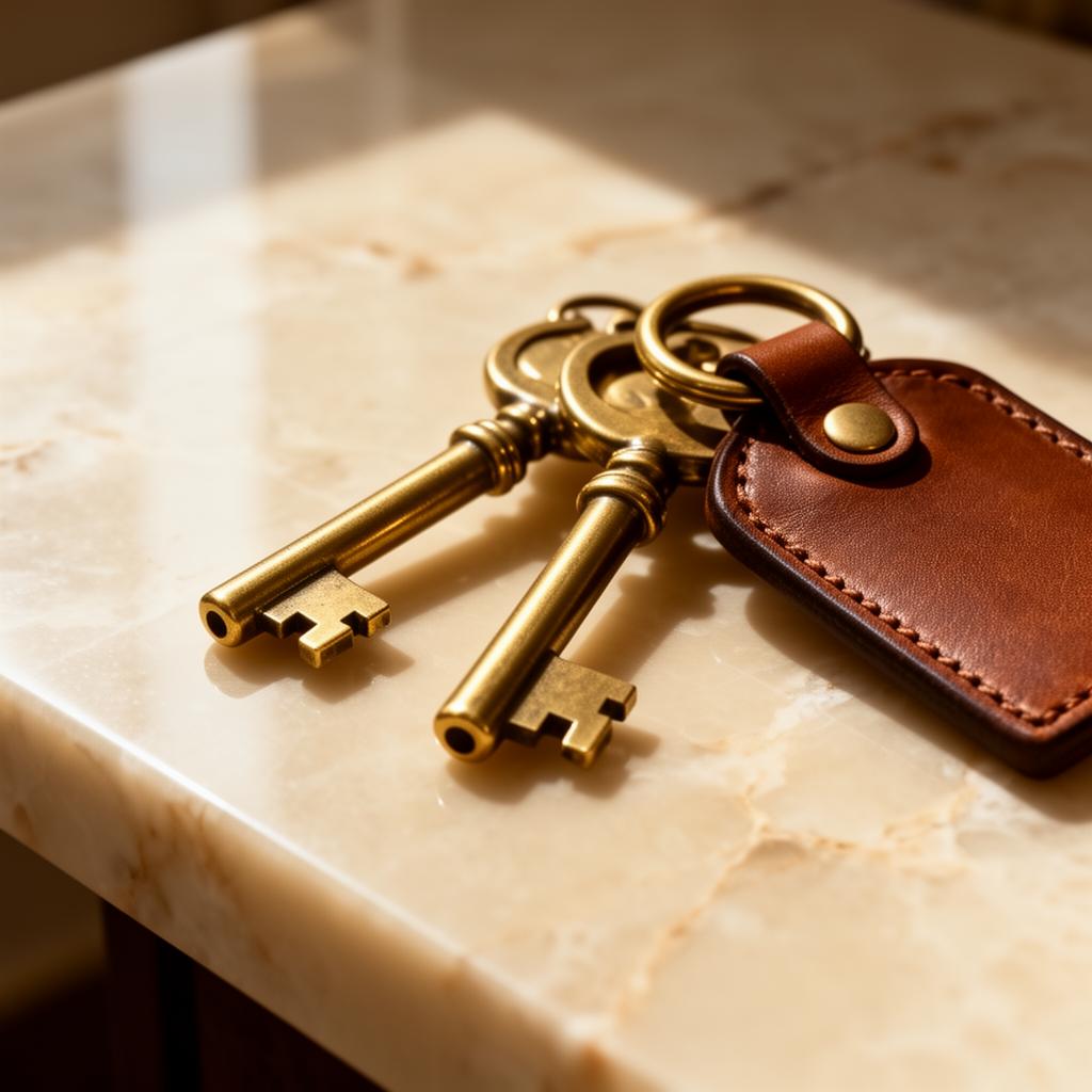Brass keys with leather tag on a marble surface